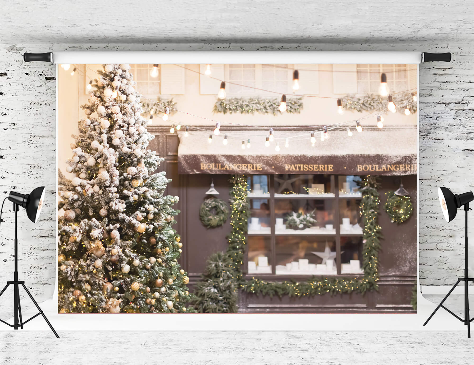 Scena Di Strada Del Caffe Di Natale Elegante Decorazione In Oro Sfondo Dell'Albero Di Natale M12-31