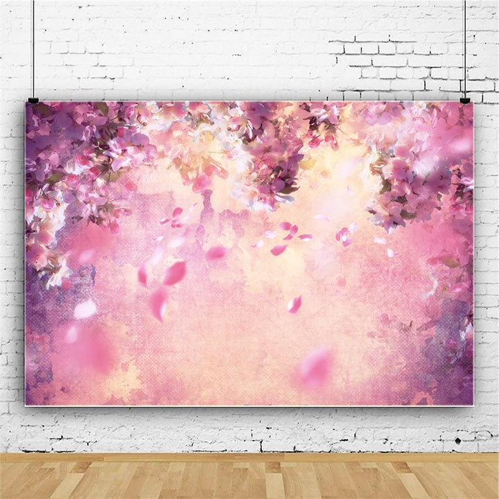 Pittura A Olio Dreamy Pink Flower Tree Petali Che Cadono Sullo Sfondo M12-33