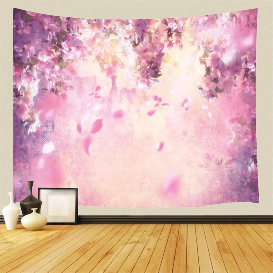 Pittura A Olio Dreamy Pink Flower Tree Petali Che Cadono Sullo Sfondo M12-33