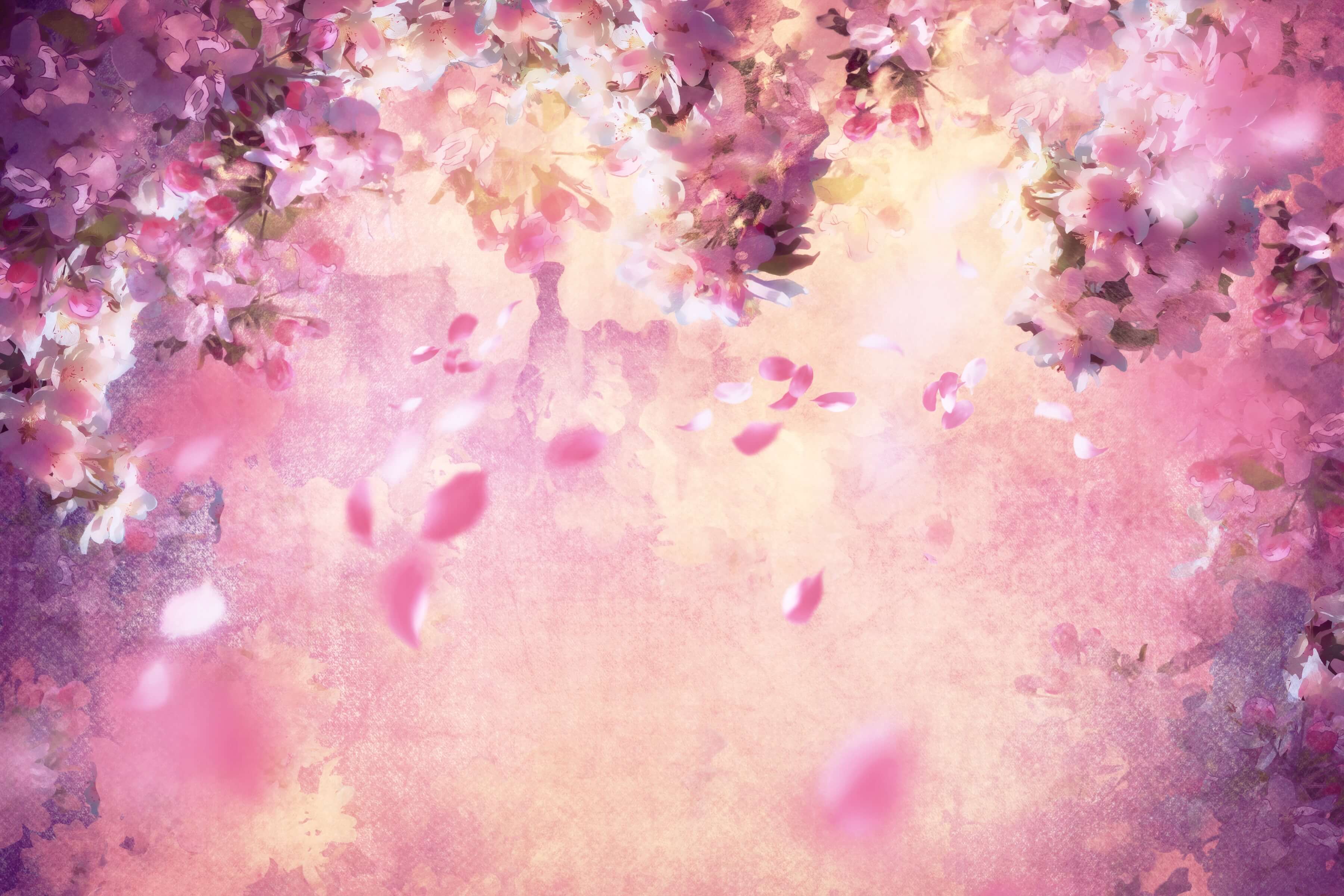 Pittura A Olio Dreamy Pink Flower Tree Petali Che Cadono Sullo Sfondo M12-33