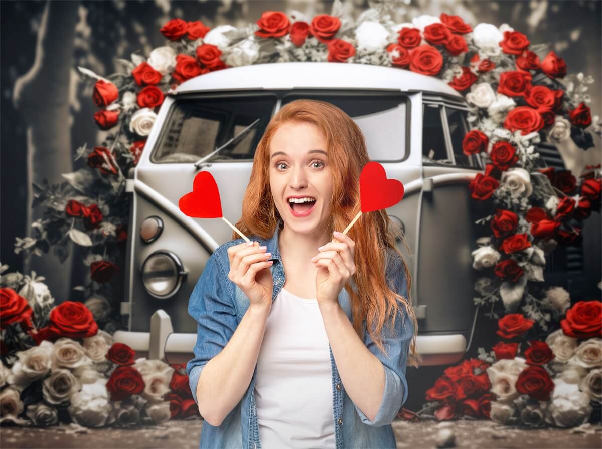Sfondo Romantico Di Auto D'Epoca Di San Valentino Con Rose Rosse E Bianche M12-34