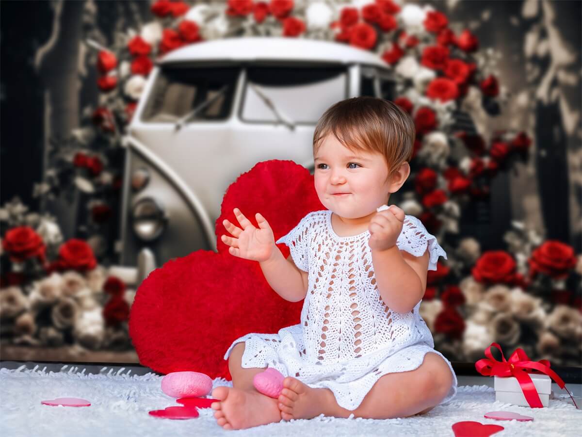 Sfondo Romantico Di Auto D'Epoca Di San Valentino Con Rose Rosse E Bianche M12-34