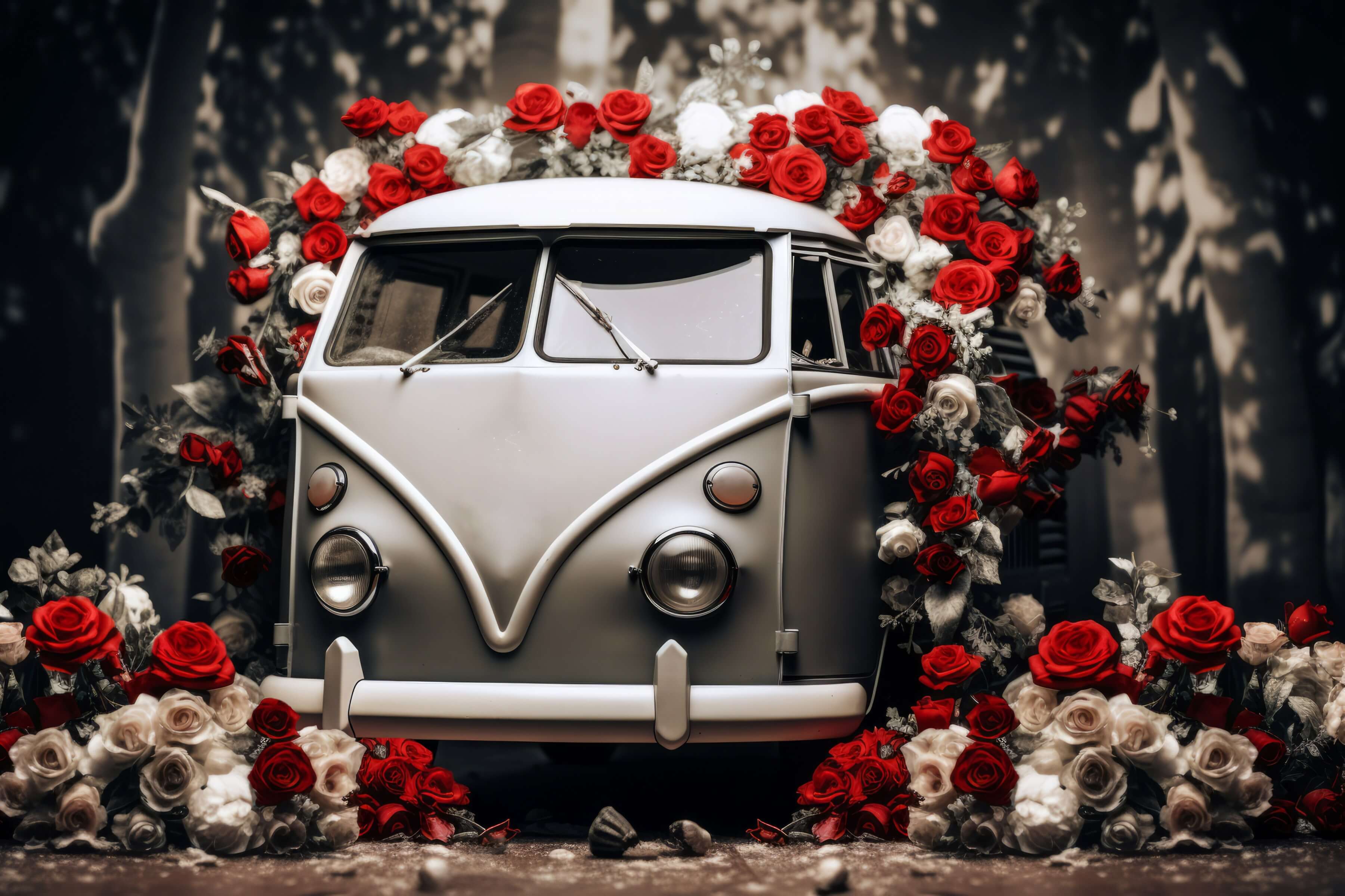 Sfondo Romantico Di Auto D'Epoca Di San Valentino Con Rose Rosse E Bianche M12-34