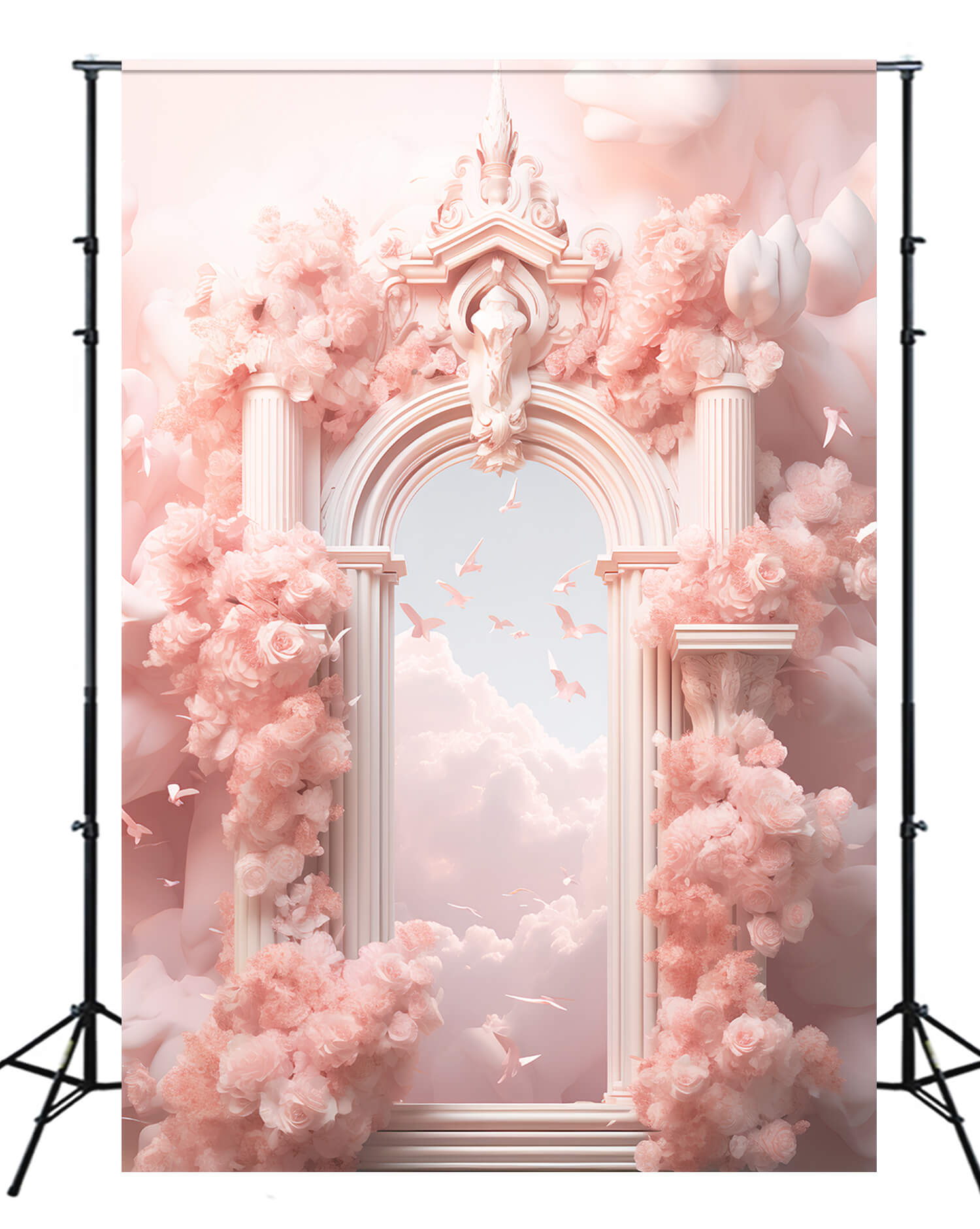 Sognanti Fiori Rosa Avvolti Porta Del Paradiso Nuvole Che Volano Uccelli Sullo Sfondo M2-14