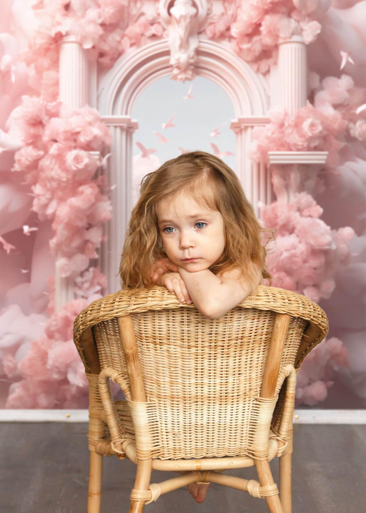 Sognanti Fiori Rosa Avvolti Porta Del Paradiso Nuvole Che Volano Uccelli Sullo Sfondo M2-14