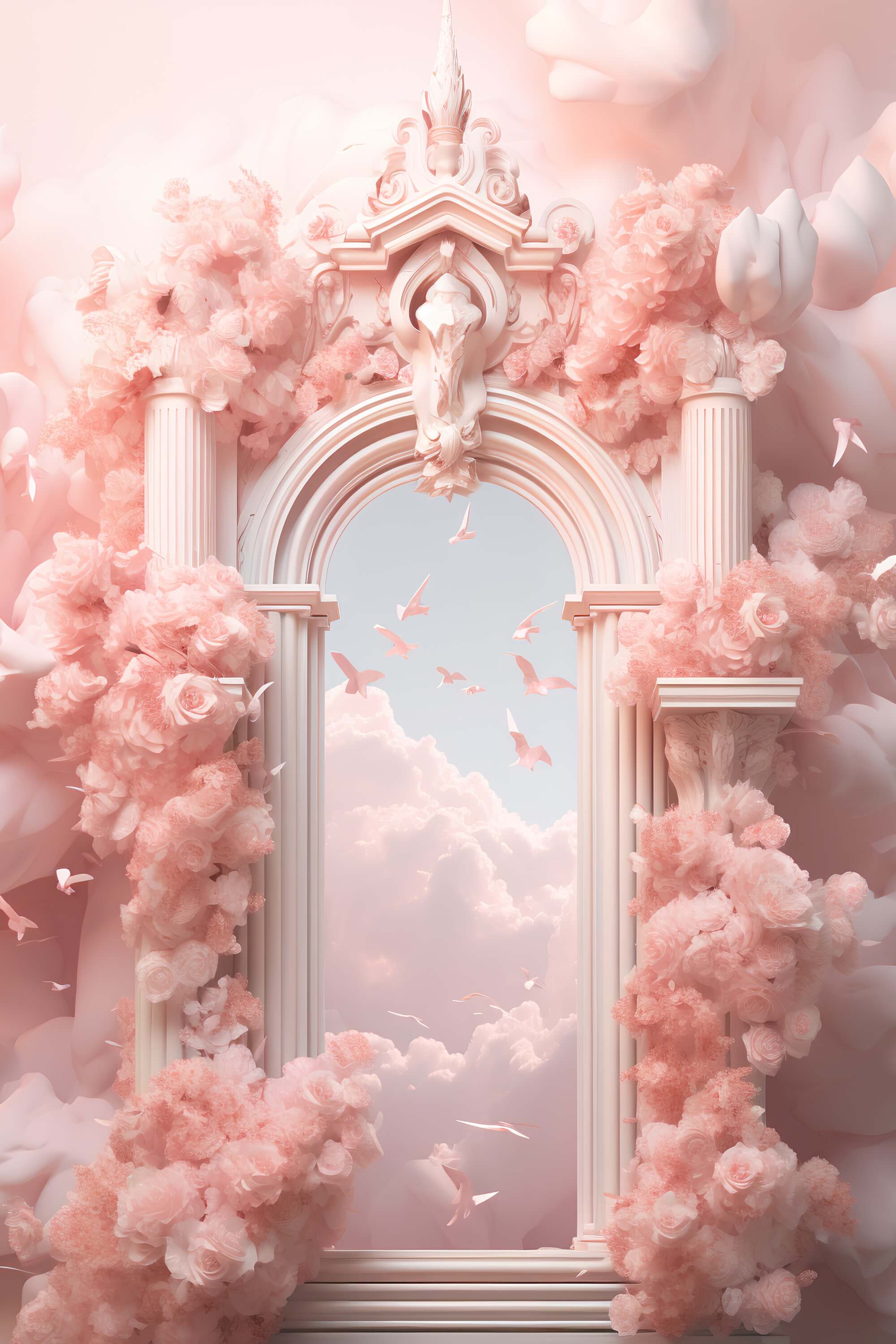 Sognanti Fiori Rosa Avvolti Porta Del Paradiso Nuvole Che Volano Uccelli Sullo Sfondo M2-14