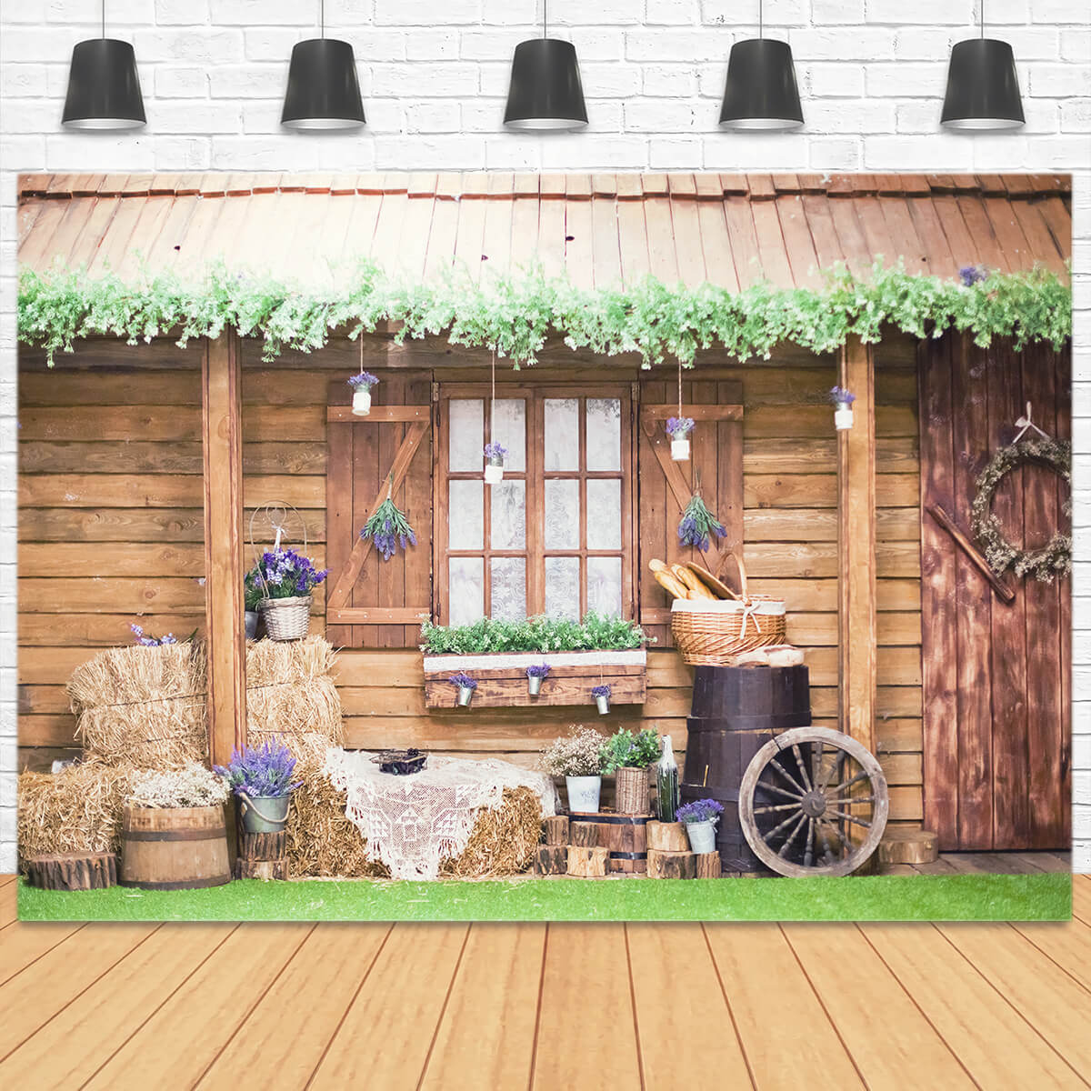 Rustico Cabina Vite Grondaia Decorativa Viola Lavanda Accento Portico Sfondo M2-16