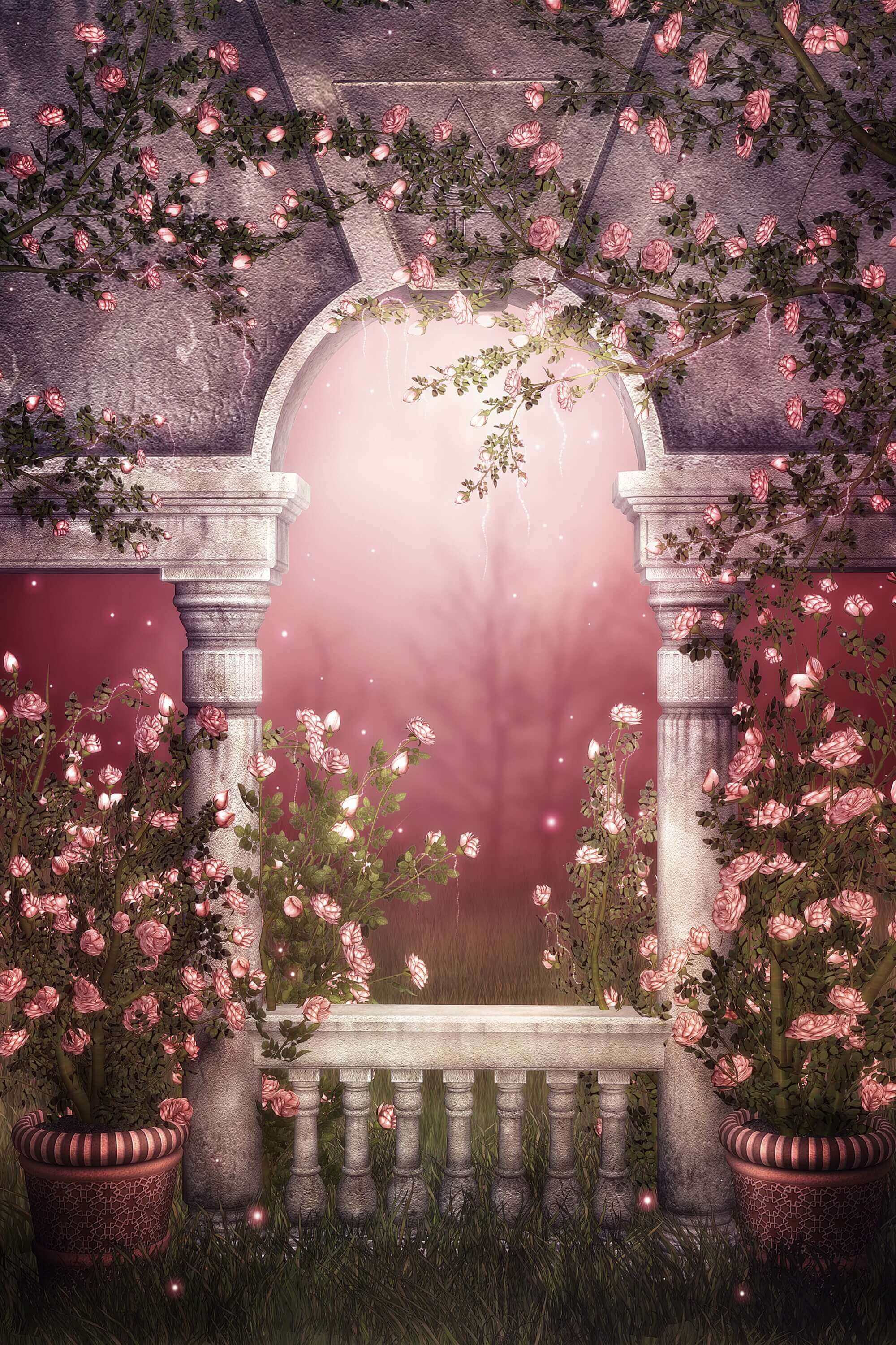 Fantasia Rosa Viti Di Rose Selvatiche Che Circondano Il Gazebo In Marmo Sfondo Foresta Nebbiosa M2-17