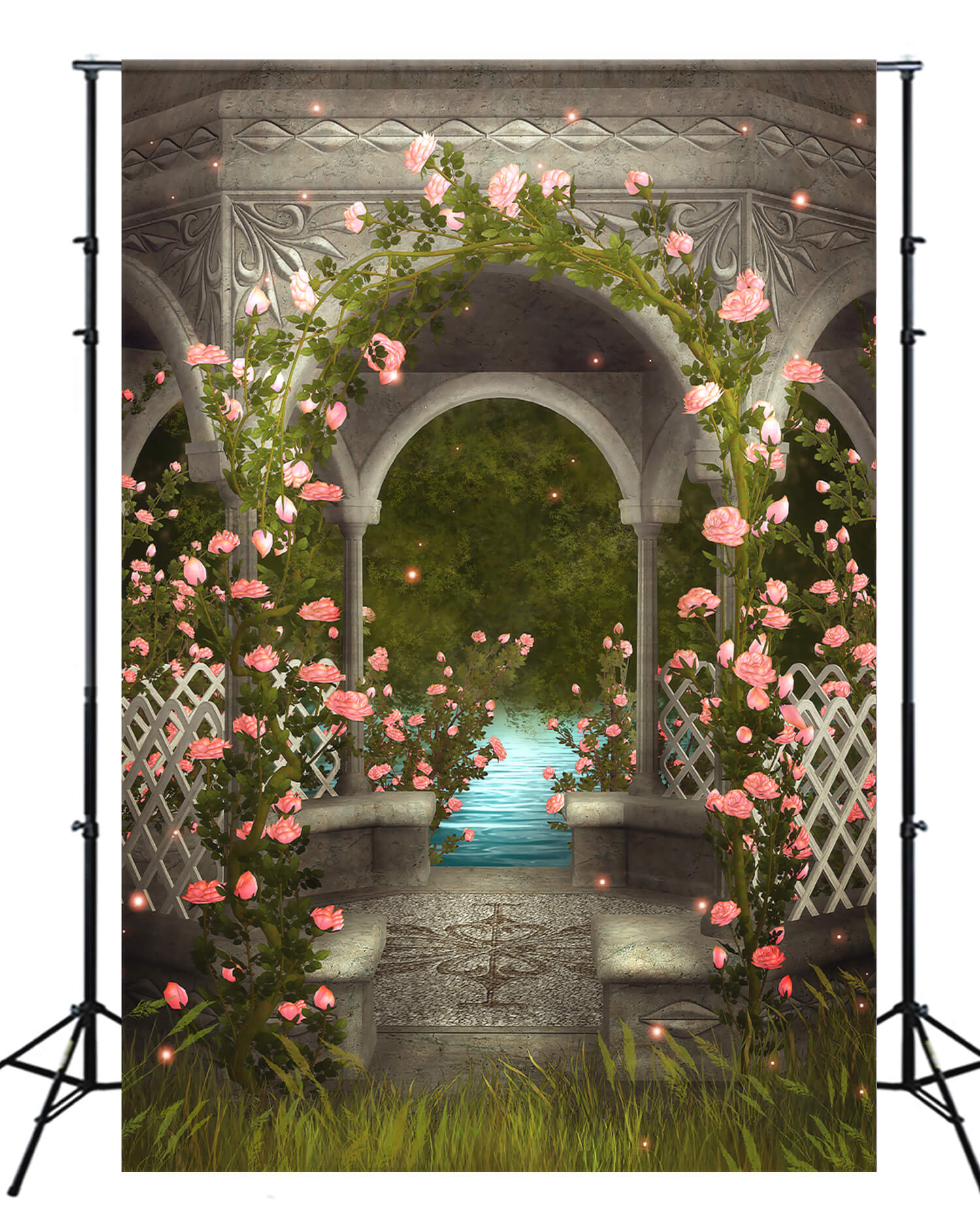 Romantiche Rose Selvatiche Rosa Attorno Allo Sfondo Della Foresta Del Ruscello Del Gazebo In Marmo M2-18
