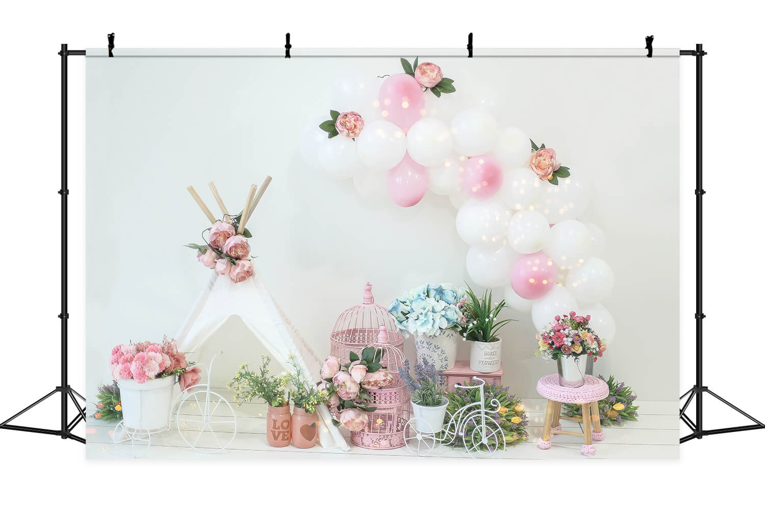Sfondo Di Compleanno Con Decorazione Artigianale Per Tenda Piccola Con Fiore Di Palloncino Rosa E Bianco M2-20