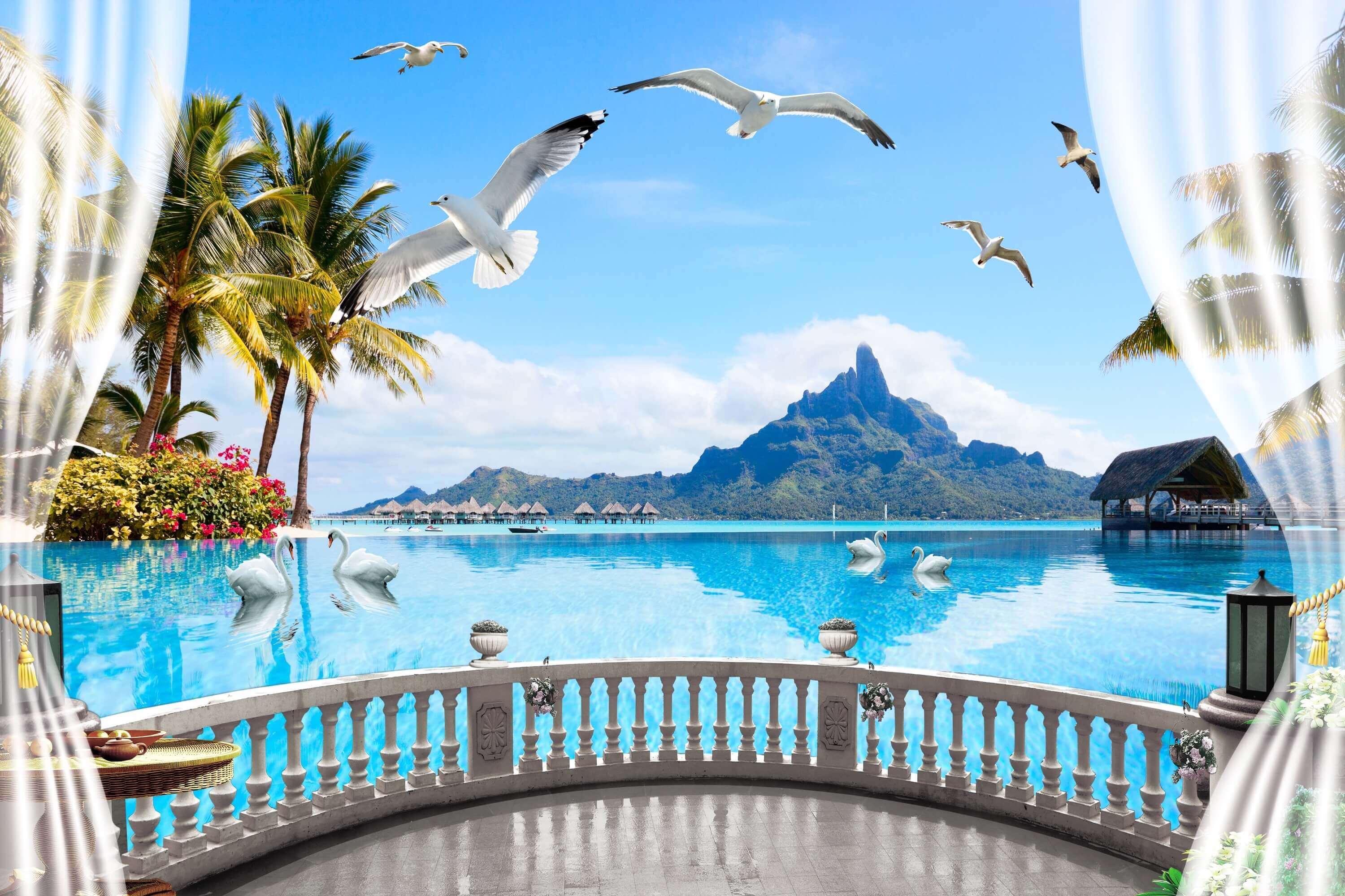 Villa Vista Mare Terrazza Curva Alberi Di Cocco Colline Lontane Cigno Gabbiani Sfondo M2-26