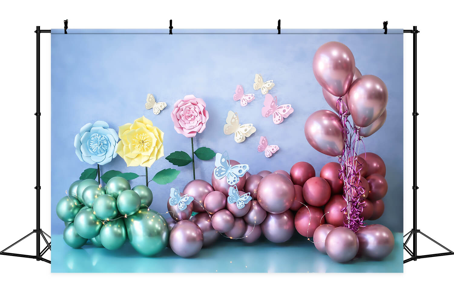 Festa Di Compleanno Parete Blu Verde Rosso Palloncino Luce Coriandoli Farfalla Fiore Sfondo M2-28