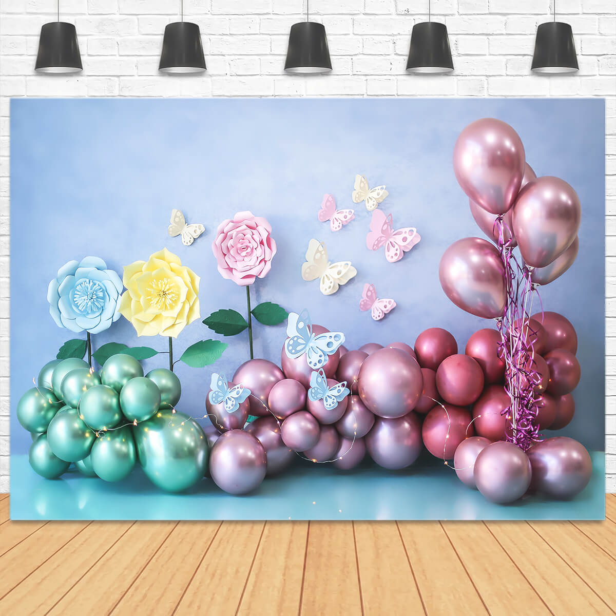 Festa Di Compleanno Parete Blu Verde Rosso Palloncino Luce Coriandoli Farfalla Fiore Sfondo M2-28