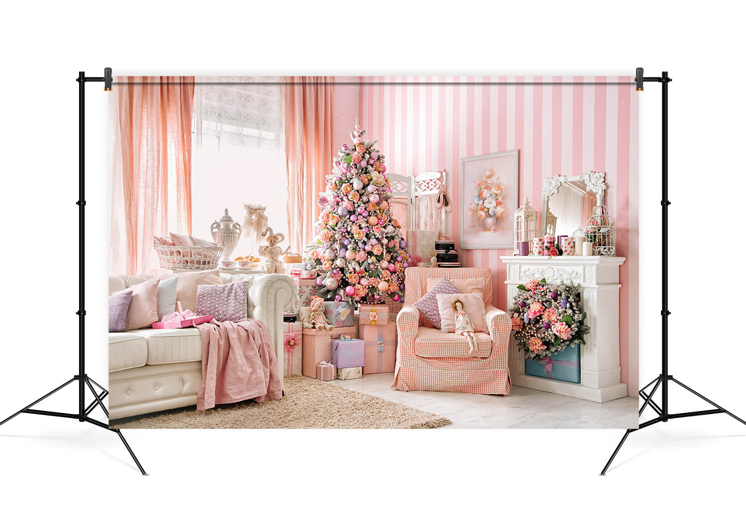 Sfondo Decorativo Per Divano Caminetto Albero Di Natale Rosa M6-143