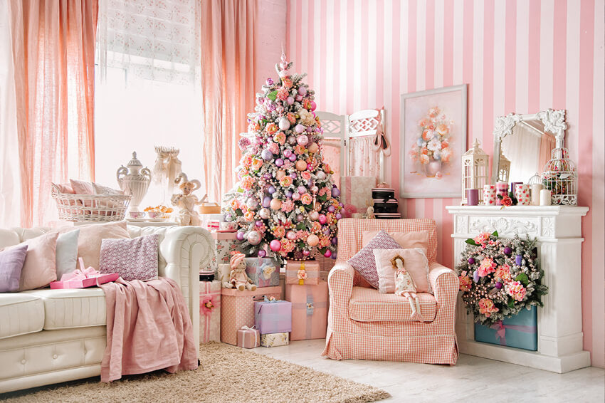 Sfondo Decorativo Per Divano Caminetto Albero Di Natale Rosa M6-143