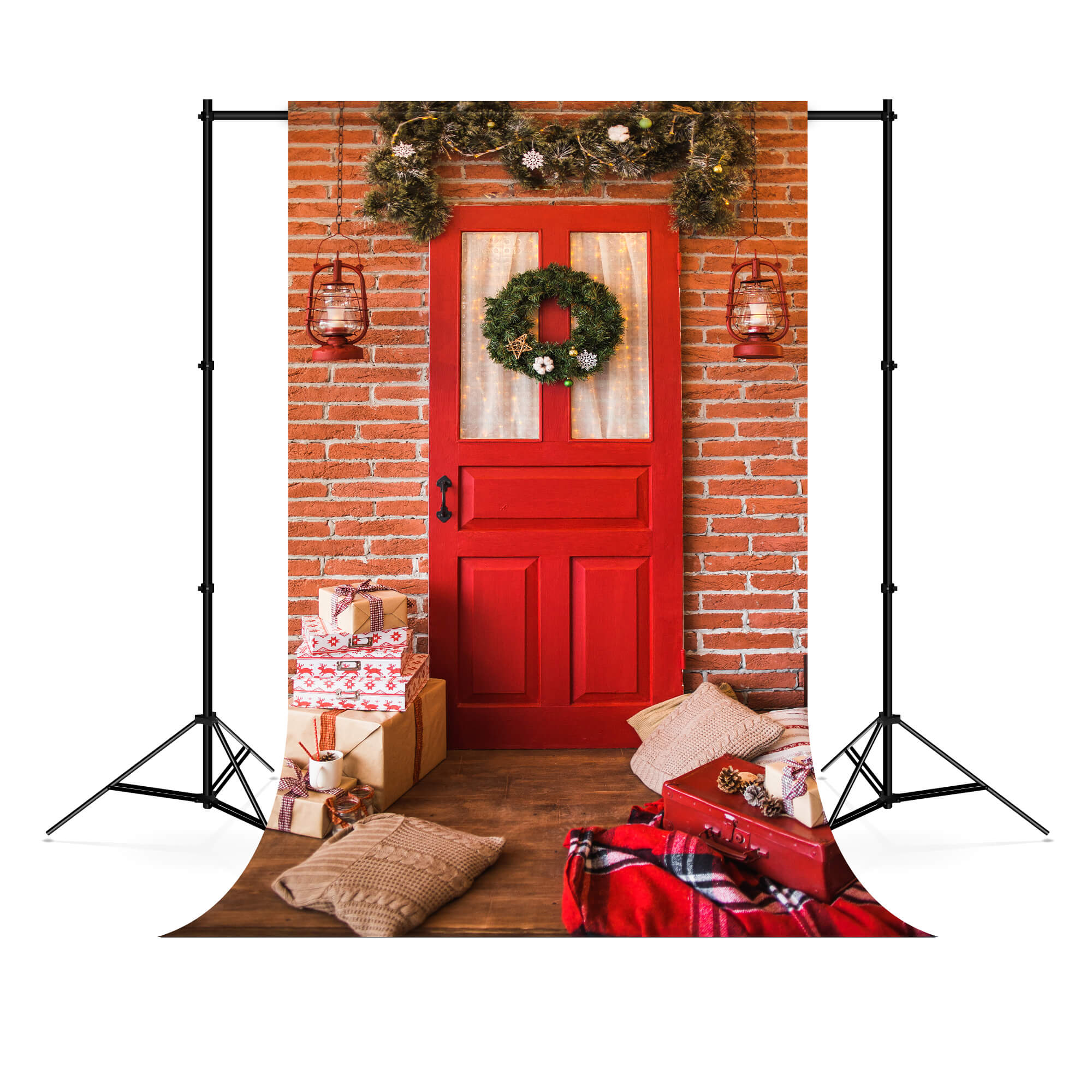Sfondo Di Ghirlande Per Porta D'Ingresso Decorate Con Decorazioni Natalizie M6-145