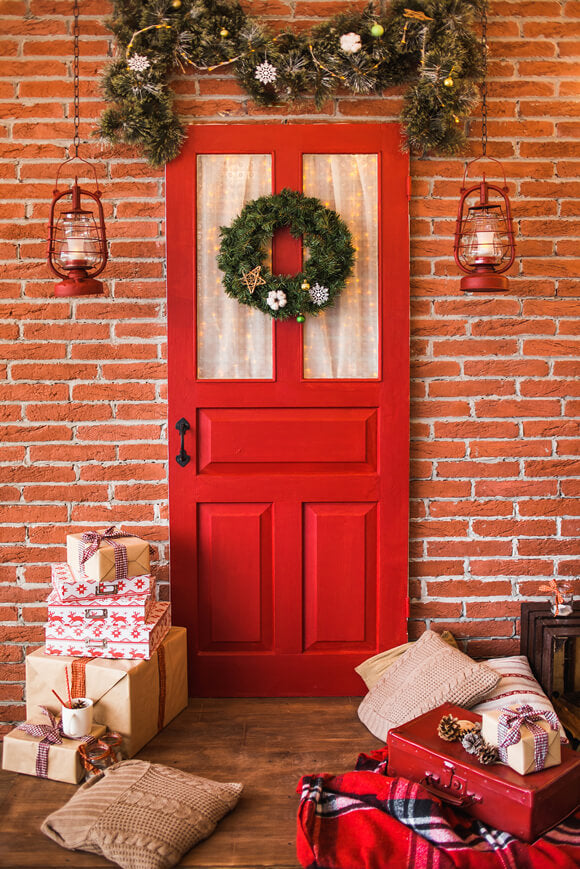 Sfondo Di Ghirlande Per Porta D'Ingresso Decorate Con Decorazioni Natalizie M6-145