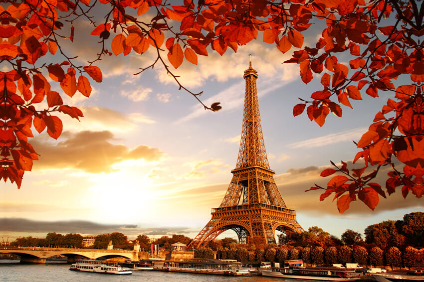 Sfondo Di Paesaggi Al Tramonto Con Foglie D'Acero Della Torre Eiffel M6-43