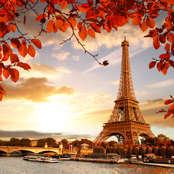 Sfondo Di Paesaggi Al Tramonto Con Foglie D'Acero Della Torre Eiffel M6-43