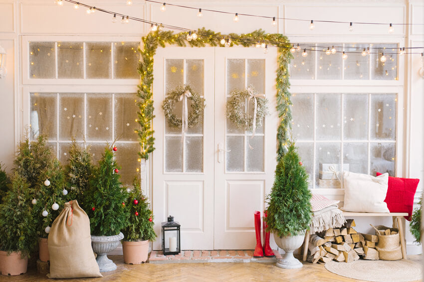 Sfondo Del Portico Con Porta Decorata Con Albero Di Natale M6-86