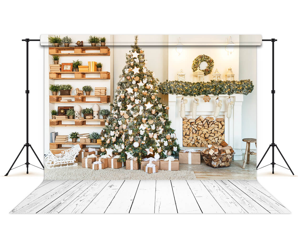 Sfondo Per Calze Da Camino Per Libreria Con Albero Di Natale M6-87