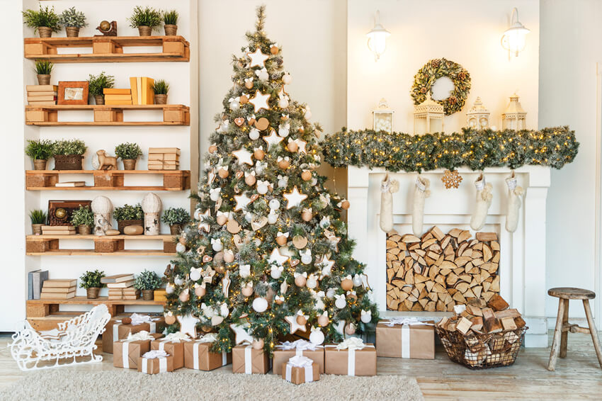 Sfondo Per Calze Da Camino Per Libreria Con Albero Di Natale M6-87