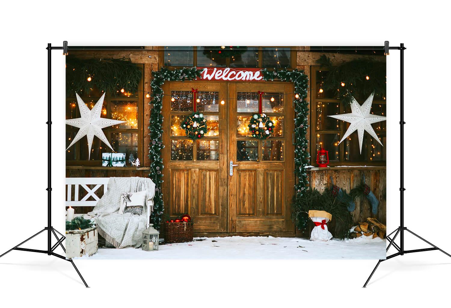 Sfondo Di Casa Di Villaggio Decorato Con Luci Di Natale M6-91