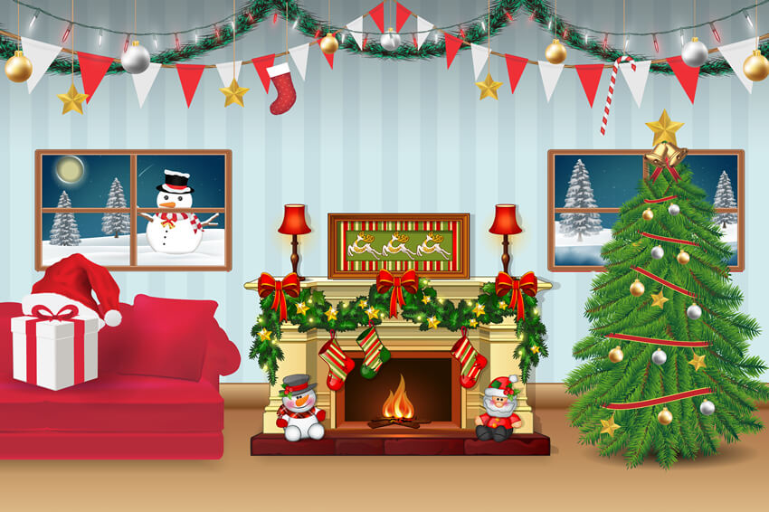 Sfondo Di Cartone Animato Soggiorno Decorato Di Natale M7-49