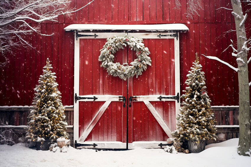 Sfondo Del Fienile Rosso Dell'Albero Di Natale Innevato M8-64