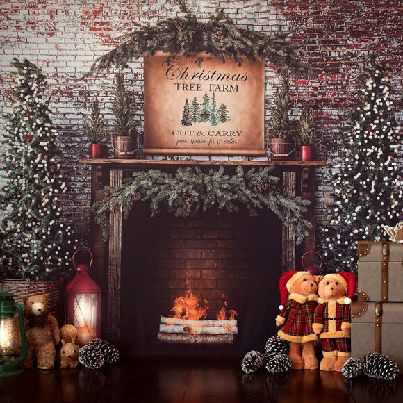 Sfondo Di Muro Di Mattoni Del Camino Dell'Albero Di Natale M8-77