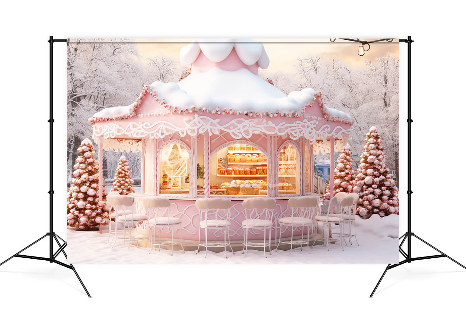 Sfondo Di Neve Del Negozio Di Caramelle Rosa Di Natale M9-64
