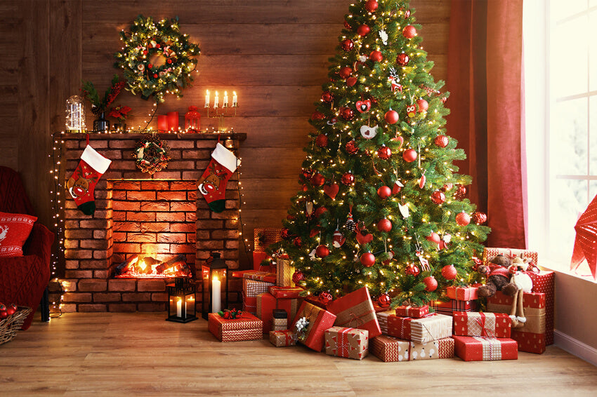 Sfondo Di Regali Per Caminetto Con Albero Luminoso Di Natale M9-81