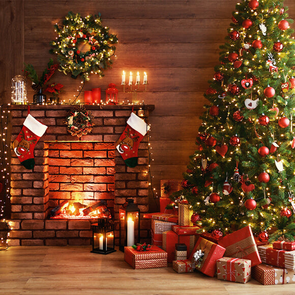 Sfondo Di Regali Per Caminetto Con Albero Luminoso Di Natale M9-81