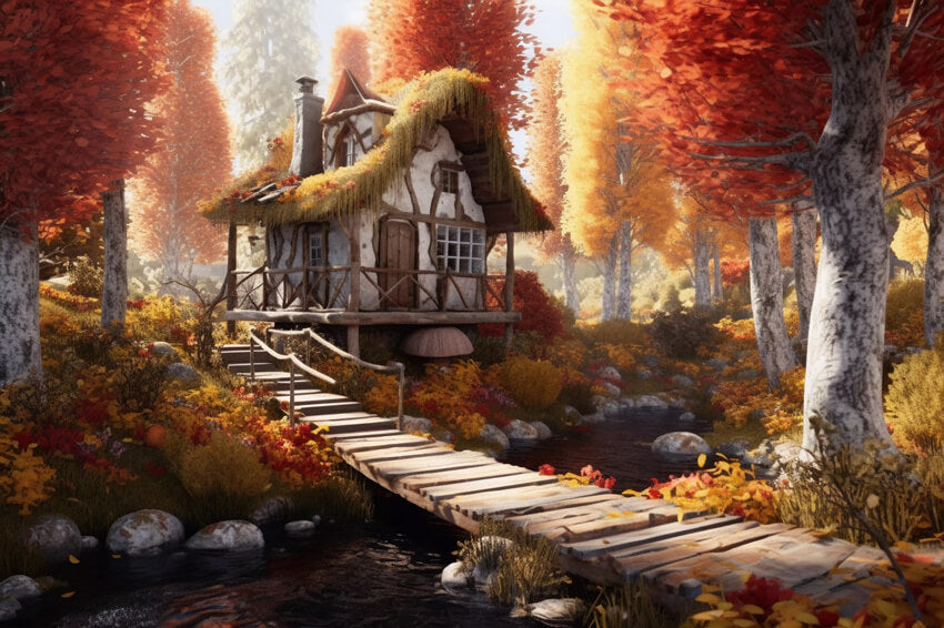 Sfondo Di Cottage Foresta Foglie D'Acero Autunnale M9-86