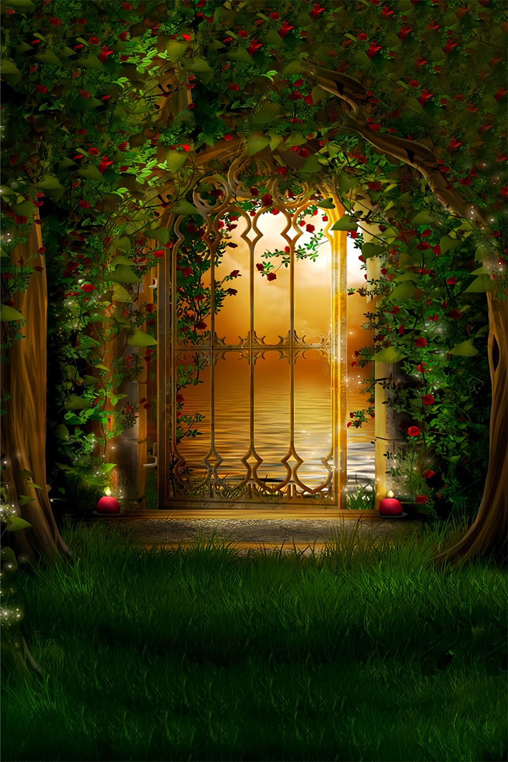 Sfondo Per Porta In Metallo Vintage Con Cornice Di Rose Verdi RR3-01