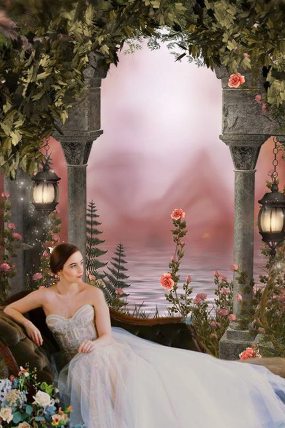 Contesto Del Giardino Del Lampione Del Fiore Romantico D'Annata Europeo RR3-03