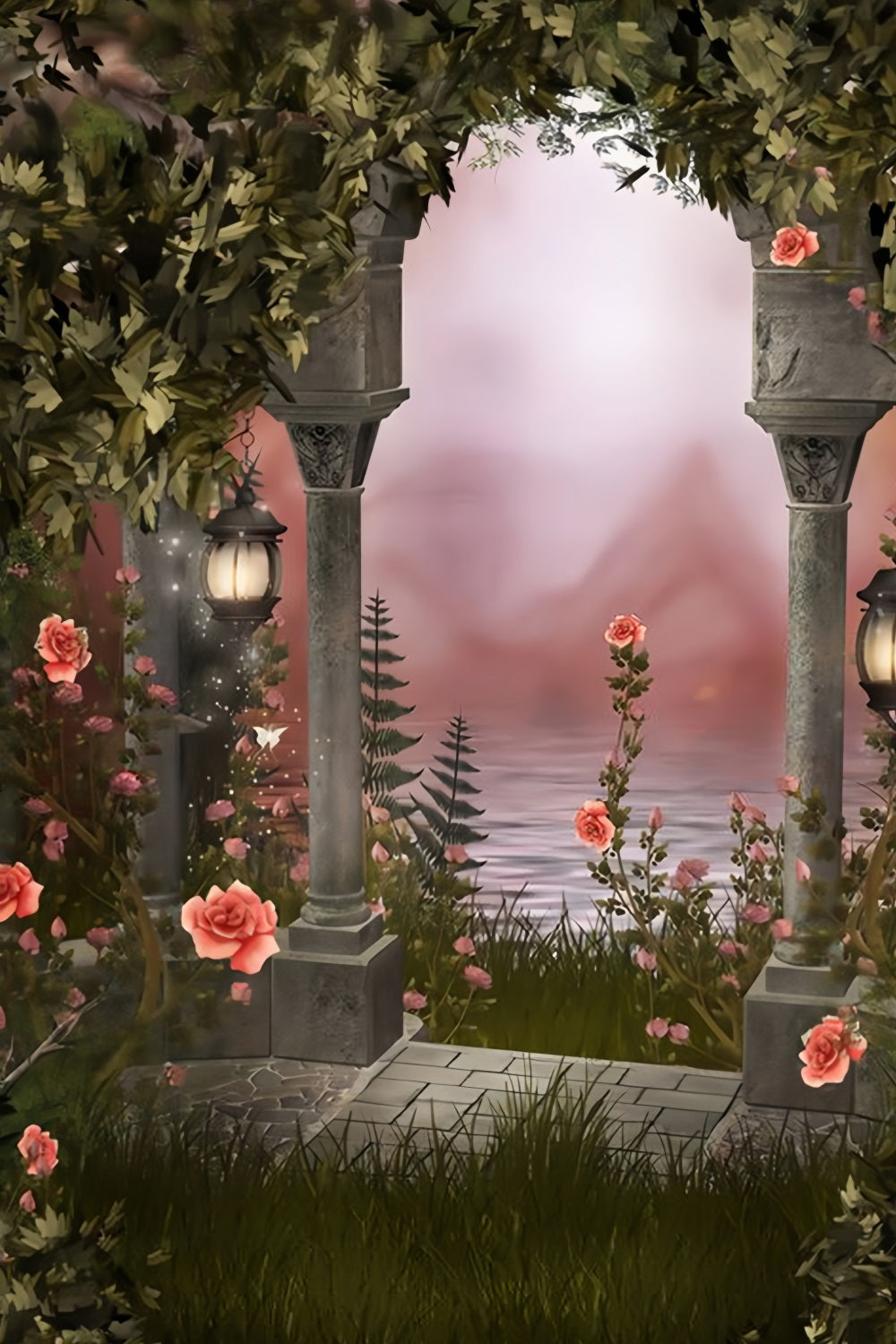 Contesto Del Giardino Del Lampione Del Fiore Romantico D'Annata Europeo RR3-03