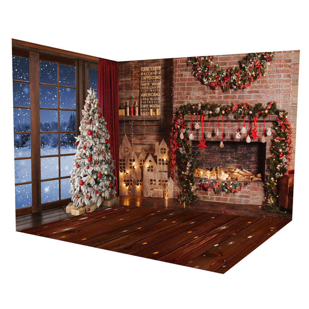 Set Per Camera Con Sfondo Per Finestra Notturna Con Albero Di Natale E Camino