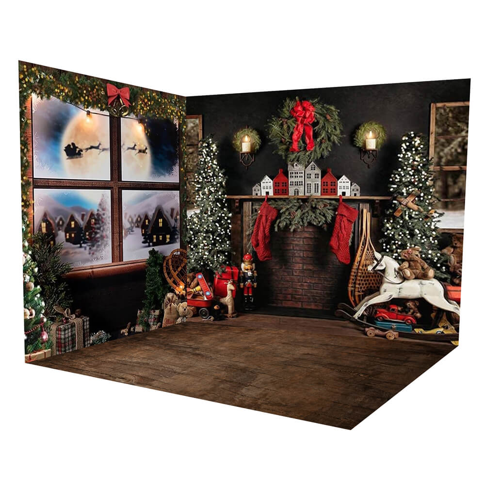 Set Per Camera Con Sfondo Ghirlanda Di Finestre Innevate Con Alberi Di Natale