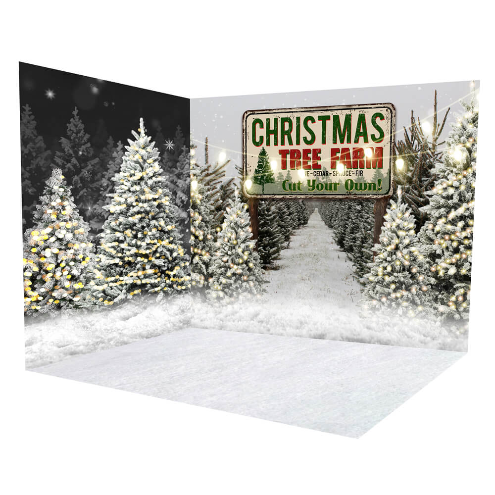 Set Per Camera Sullo Sfondo Della Foresta Invernale Innevata Della Fattoria Dell'Albero Di Natale