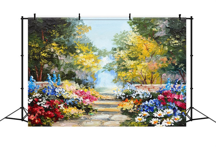 Pittura A Olio Fiori Intorno Al Sentiero Boscoso Bellissimo Sfondo RR3-05