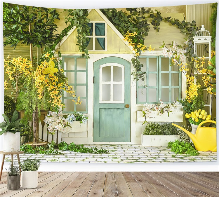 Porta In Legno Fresco Di Primavera Pavimento In Pietra Sfondo Floreale RR3-06