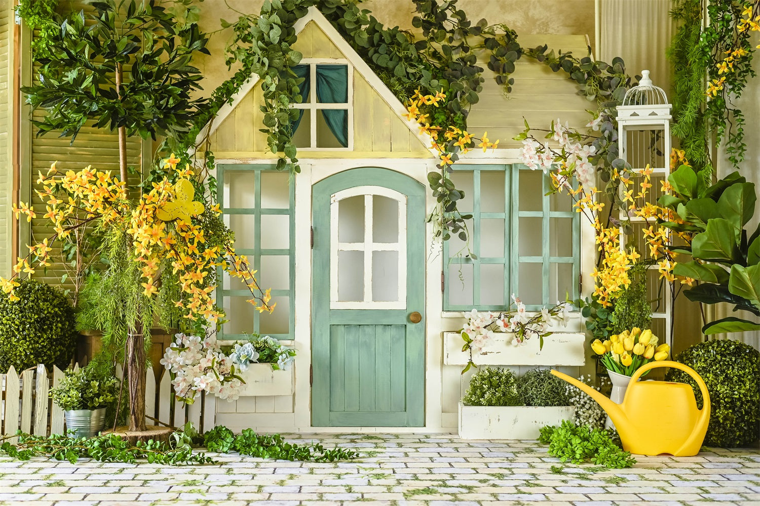 Porta In Legno Fresco Di Primavera Pavimento In Pietra Sfondo Floreale RR3-06