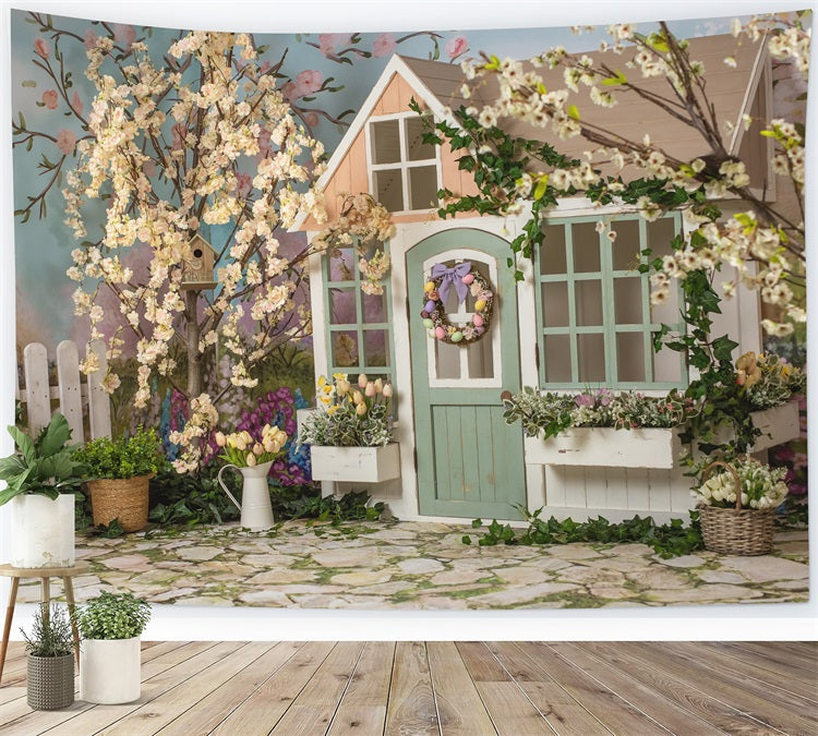 Sfondo Di Recinzione Di Fiori Di Primavera Capanna Di Tronchi Ghirlanda Di Pietra RR3-08
