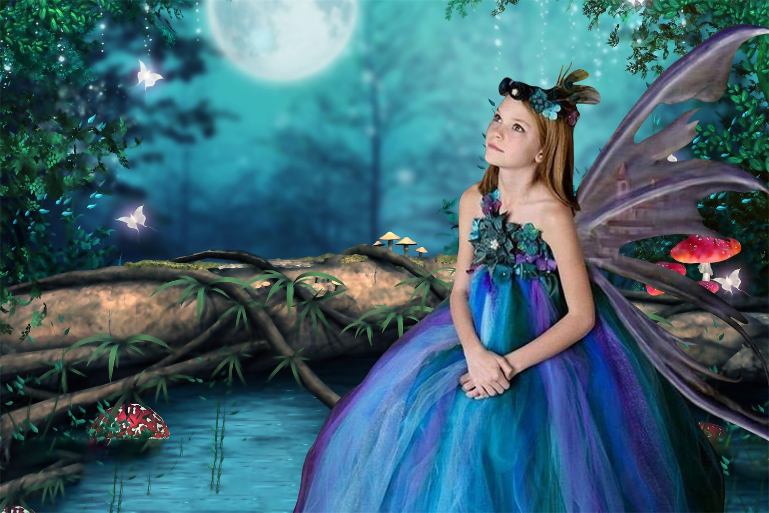 Sfondo Di Funghi Farfalla Luna Piena Foresta Notturna Da Sogno RR3-10