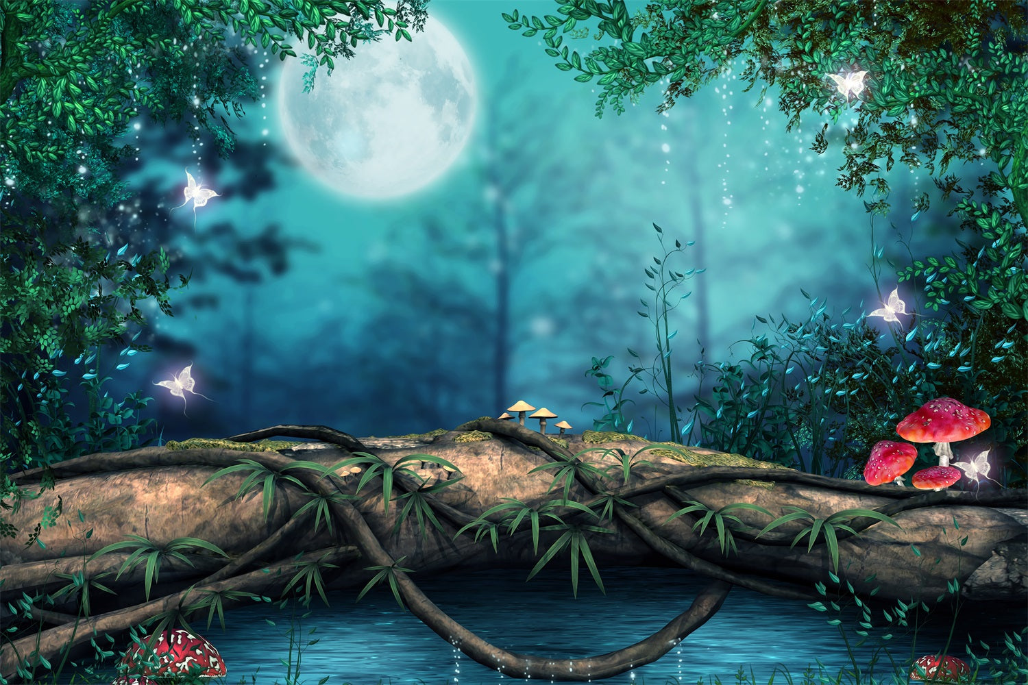 Sfondo Di Funghi Farfalla Luna Piena Foresta Notturna Da Sogno RR3-10