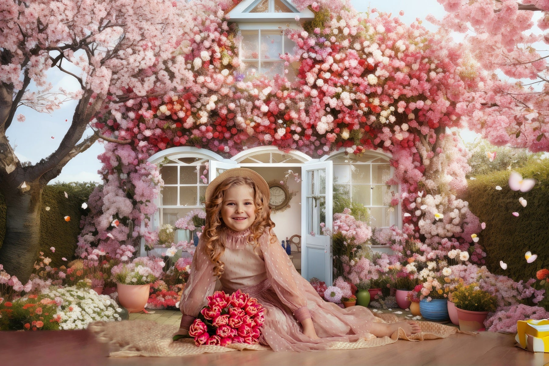 Sfondo Di Casa Romantica Con Albero In Fiore Di Ciliegio Primaverile RR3-15