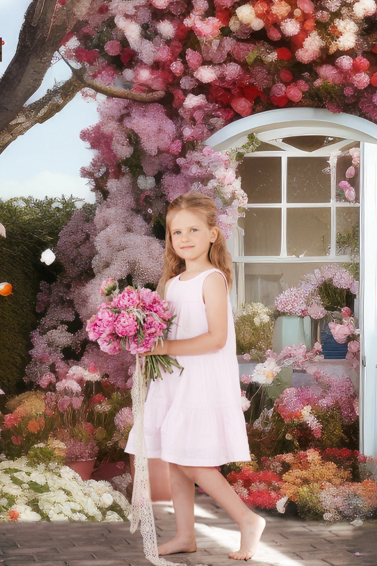 Sfondo Di Casa Romantica Con Albero In Fiore Di Ciliegio Primaverile RR3-15