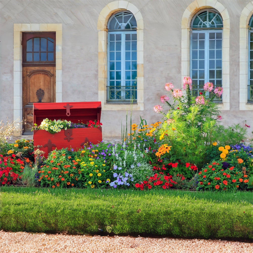 Sfondo Di Torace In Legno Di Sequoia Con Prato Fiorito Da Giardino Primaverile RR3-17