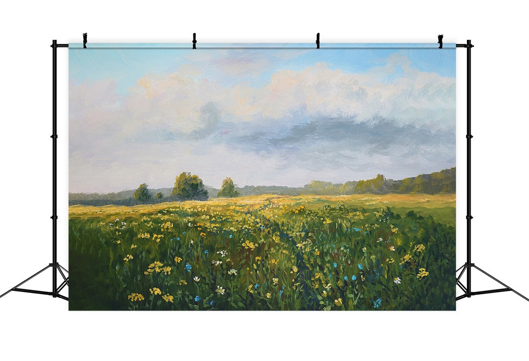Stile Di Pittura A Olio Primaverile Fiori Selvatici Cielo Blu Nuvole Bianche Sfondo RR3-18